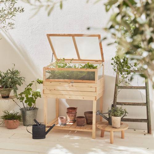 Potager en bois sur pieds avec mini serre