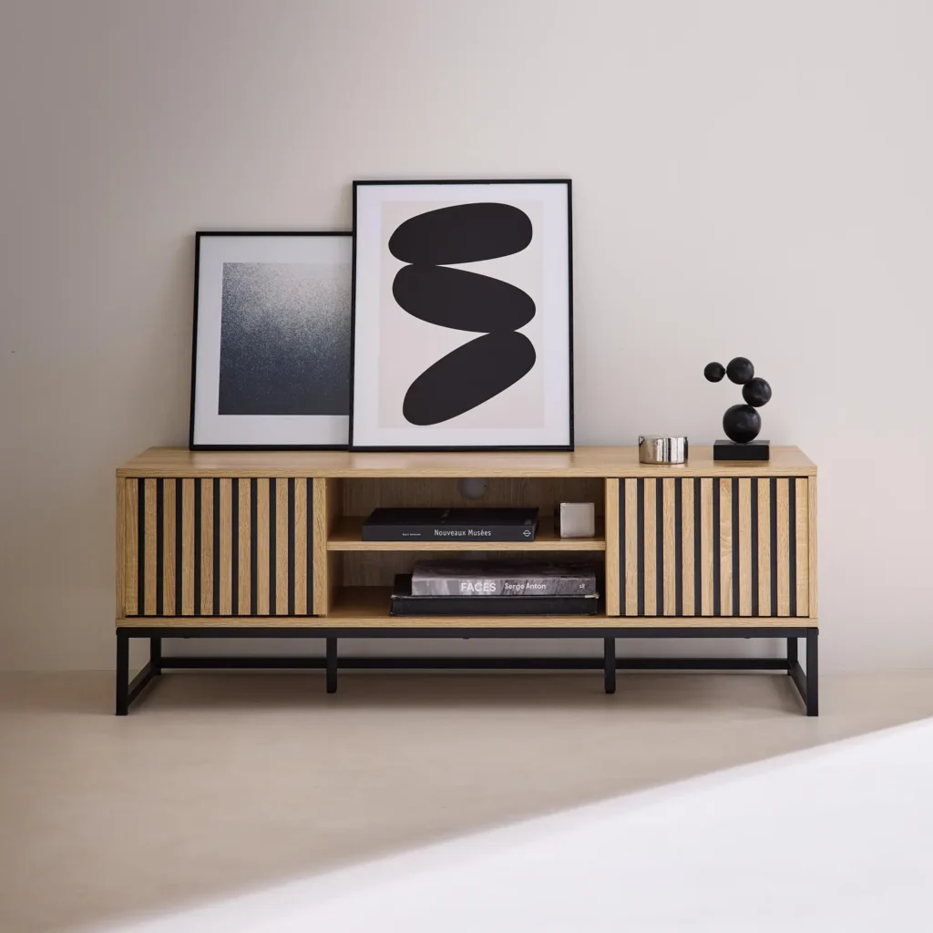 Meuble TV décor bois rainuré et métal 2 portes 120cm